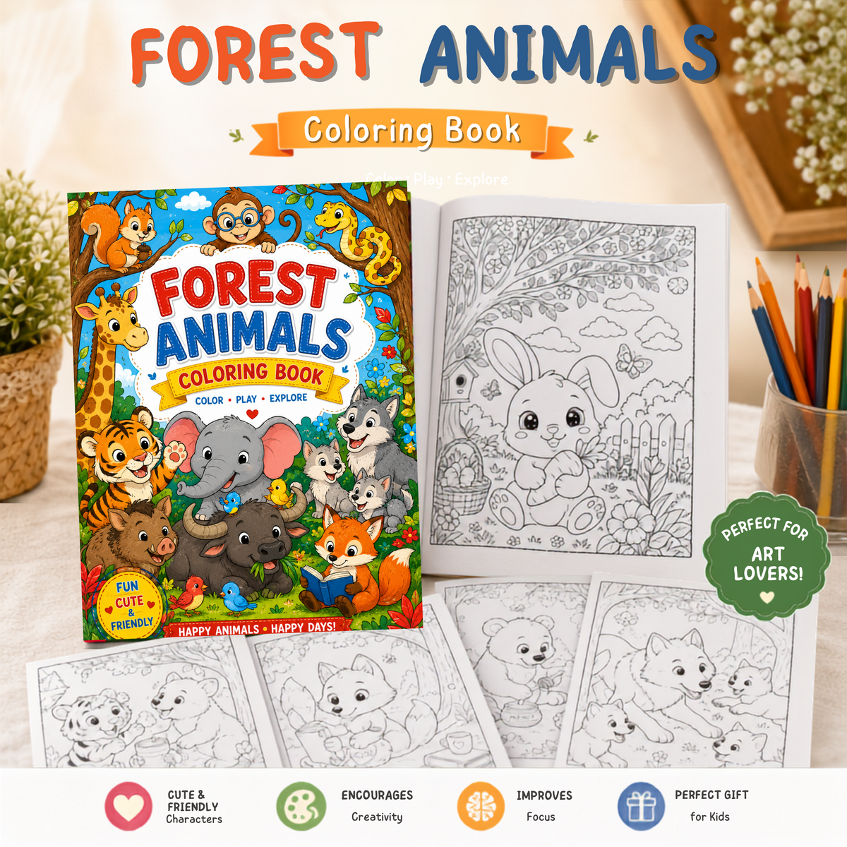 Animal Forest Coloring Book - A4 Size - 15 Unqiue Designs