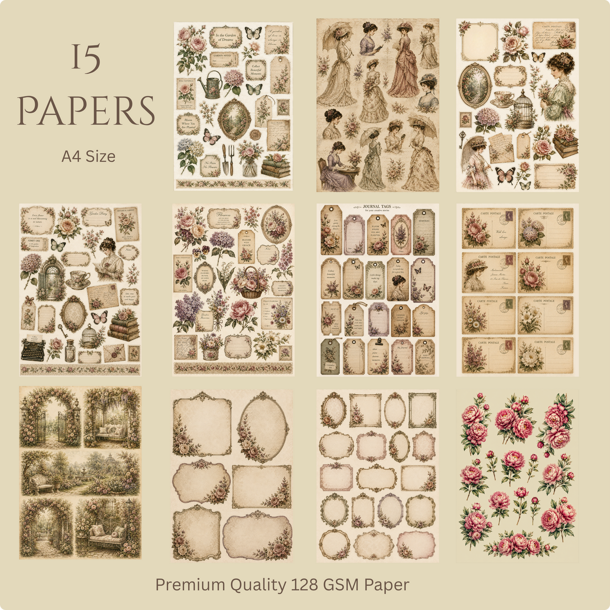 Vintage Garden Cut & Collage Book | 15 Pages | A4 | Vintage Floral Ephemera & Craft Paper