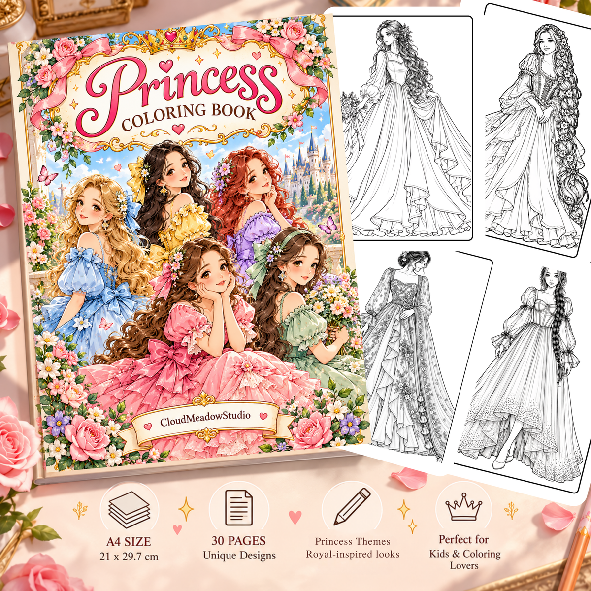 Princess Coloring Book - A4 Size - 30 Pages