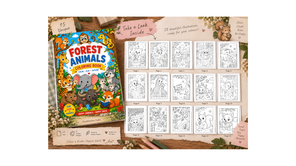 Animal Forest Coloring Book - A4 Size - 15 Unqiue Designs