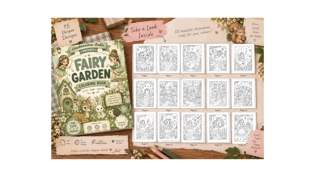 Fairy Garden Coloring Book - A4 Size - 15 Unqiue Designs